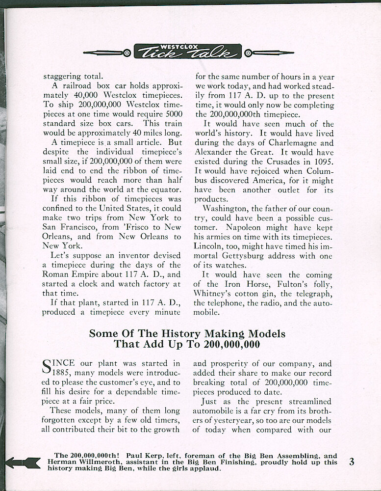 Westclox Tick Talk, February 1948, Vol. 33 No. 2 > 3. Picture Caption: 200,000,000th Westclox Produced—A Big Ben Style 5 (picture On Page 2). HISTORICAL ARTICLE: "Some Of The History Making Models That Add Up To That 200,000,000"