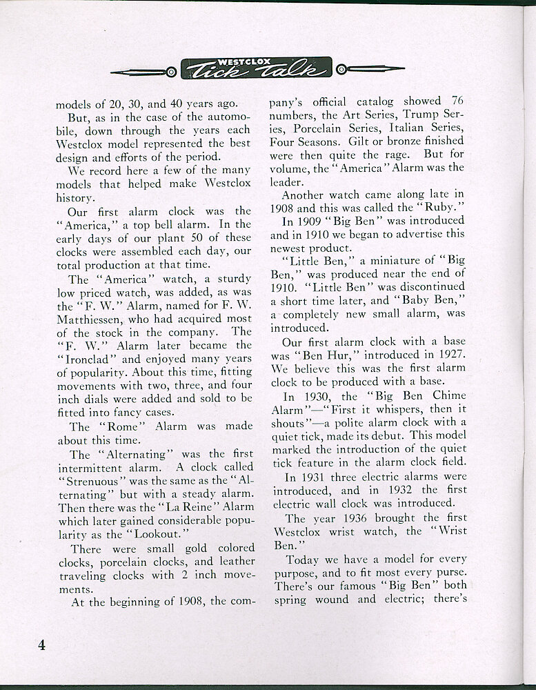 Westclox Tick Talk, February 1948, Vol. 33 No. 2 > 4. HISTORICAL ARTICLE: "Some Of The History Making Models That Add Up To That 200,000,000"