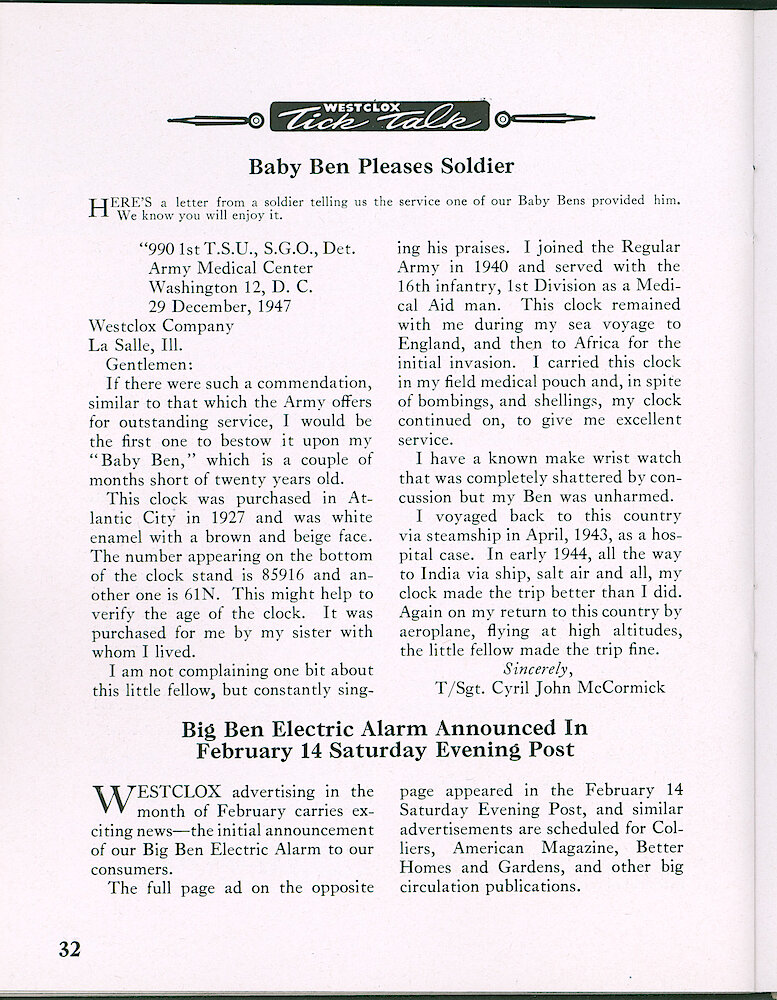 Westclox Tick Talk, February 1948, Vol. 33 No. 2 > 32. New Model: Advertisment Caption: Ben Ben Electric (brown Molded Case) Announced In February 14, 1948 Saturday Evening Post. Ad Shown On Page 33.