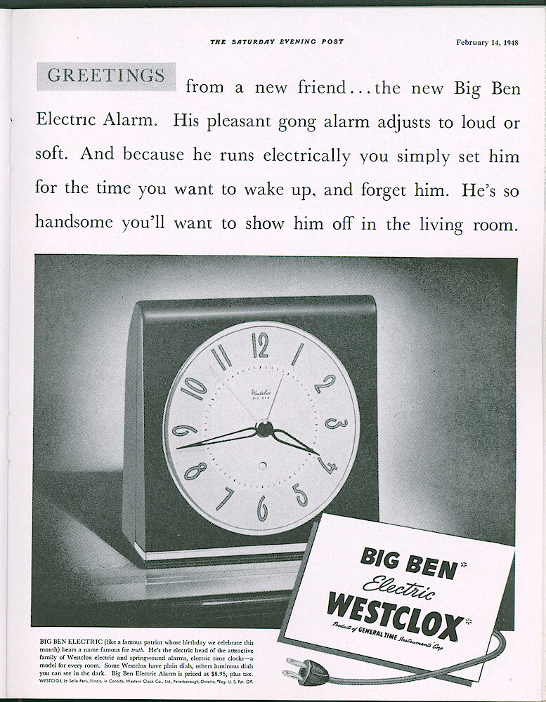 Westclox Tick Talk, February 1948, Vol. 33 No. 2 > 33. Advertisement:  February 14, 1948 Saturday Evening Post Announces New Big Ben Electric. Caption On Page 32.