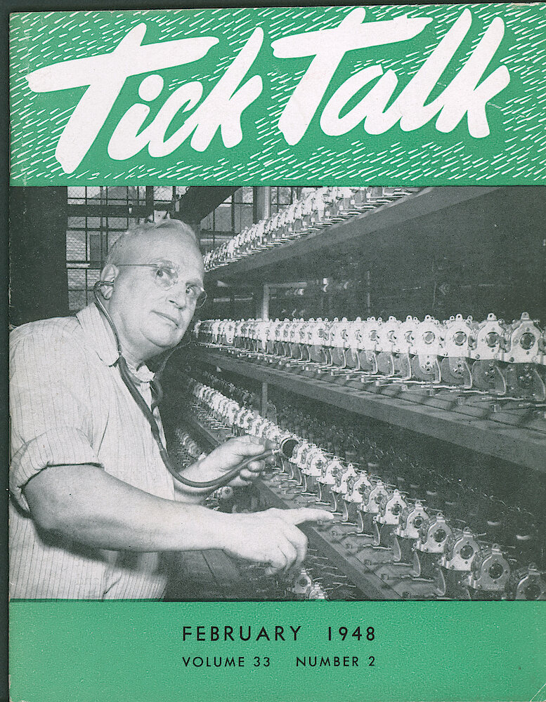 Westclox Tick Talk, February 1948, Vol. 33 No. 2 > F. Manufacturing: George Willmeroth Of Electric Clock Department Is Testing A Motor (caption On Page 5).