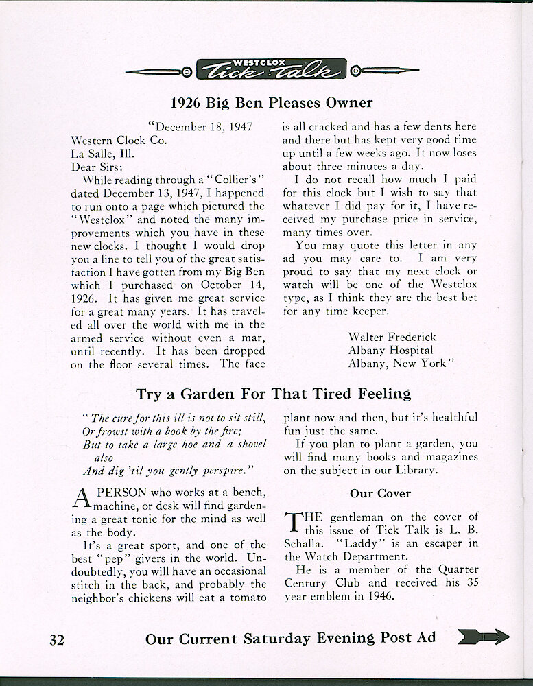 Westclox Tick Talk, March 1948, Vol. 33 No. 3 > 32. COVER CAPTION: L. B. Schalla, An Escaper In The Watch Department ADVERTISEMENT CAPTION: Our Current Saturday Evening Post Ad On Page 33.