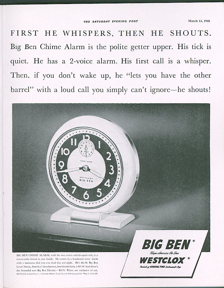 Westclox Tick Talk, March 1948, Vol. 33 No. 3 > 33. Advertisement: "First He Whispers, Then He Shouts" Big Ben Chime Alarm, March 13, 1948 Saturday Evening Post.