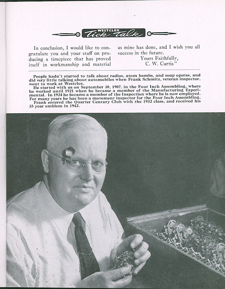 Westclox Tick Talk, April 1948, Vol. 33 No. 4 > 11. Personnel: Frank Schmitz, Movement Inspector For Four Inch Finishing.