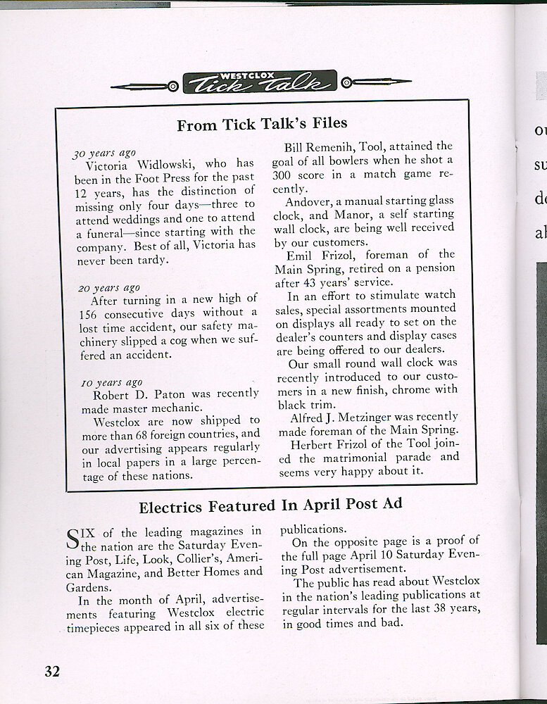 Westclox Tick Talk, April 1948, Vol. 33 No. 4 > 32. Marketing: Advertising Caption: "Electrics Featured In April Post Ad" The Ad On Page 33 Appeared In April 10 Saturday Evening Post, Also In Life, Look, Collier&039;s, American Magazine And Better Homes And Gardens.