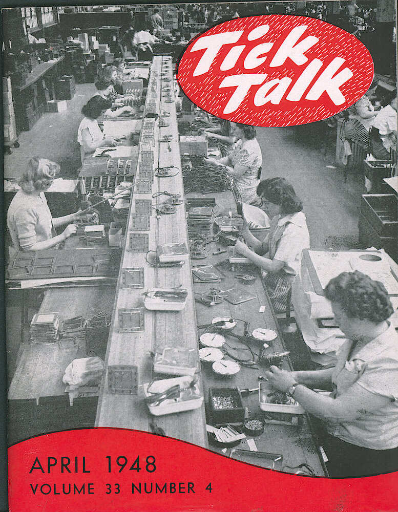 Westclox Tick Talk, April 1948, Vol. 33 No. 4 > F. Manufacturing: One Of The Lines In The Four Inch Finishing Department (caption On Page 5).