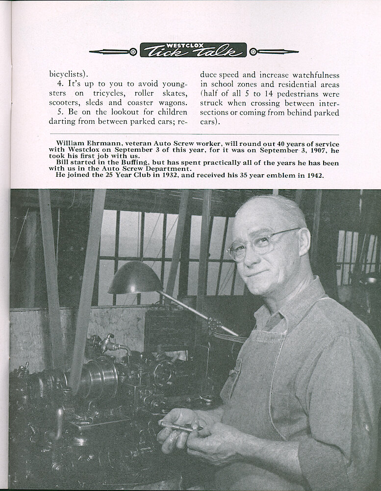 Westclox Tick Talk, May 1948, Vol. 33 No. 5 > 11. Personnel: William Ehrmann Of Auto Screw, Has Been At Westclox Since 1907.