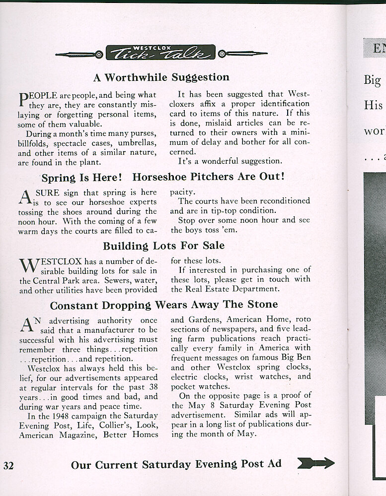 Westclox Tick Talk, May 1948, Vol. 33 No. 5 > 32. Marketing: Advertisement Caption: Lists The Magazines In Which Westclox Advertises. On Page 33 Is The May 8, 1948 Saturday Evening Post Ad.