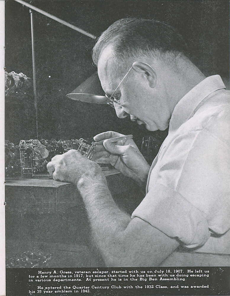 Westclox Tick Talk, June 1948, Vol. 33 No. 6 > 25. Personnel: Henry A. Gress Doing Escaping In Big Ben Assembling Department.