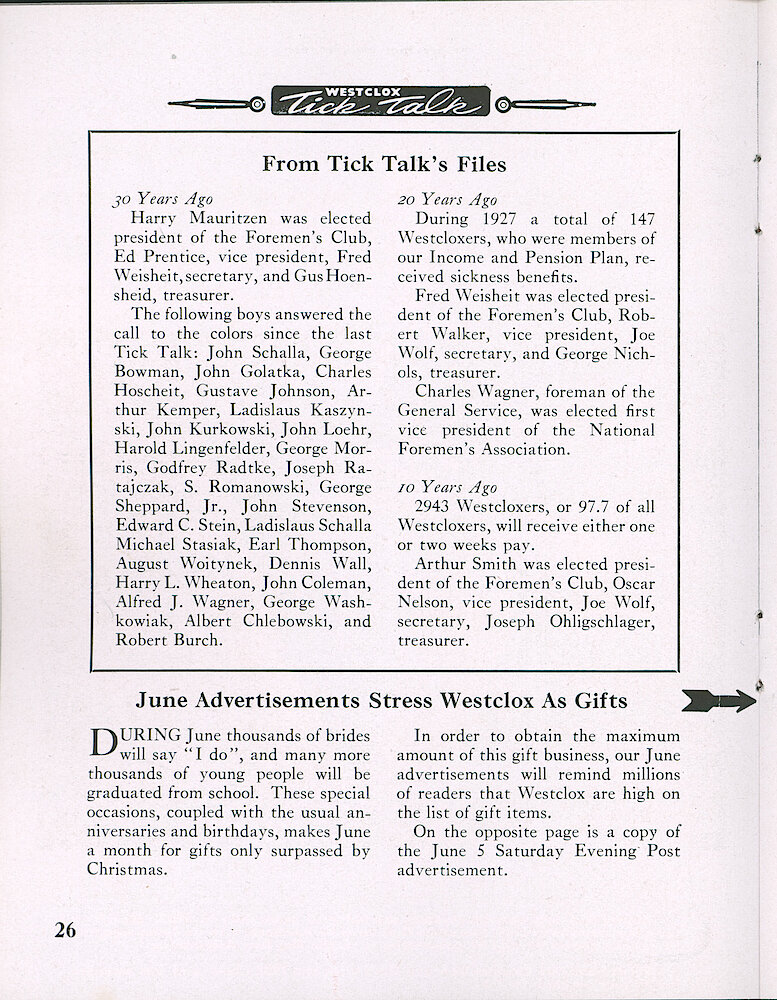 Westclox Tick Talk, June 1948, Vol. 33 No. 6 > 26. Marketing: Advertisement Caption: "June Advertisements Stress Westclox As Gifts" On Page 27 Is The June 5, 1948 Saturday Evening Post Ad.