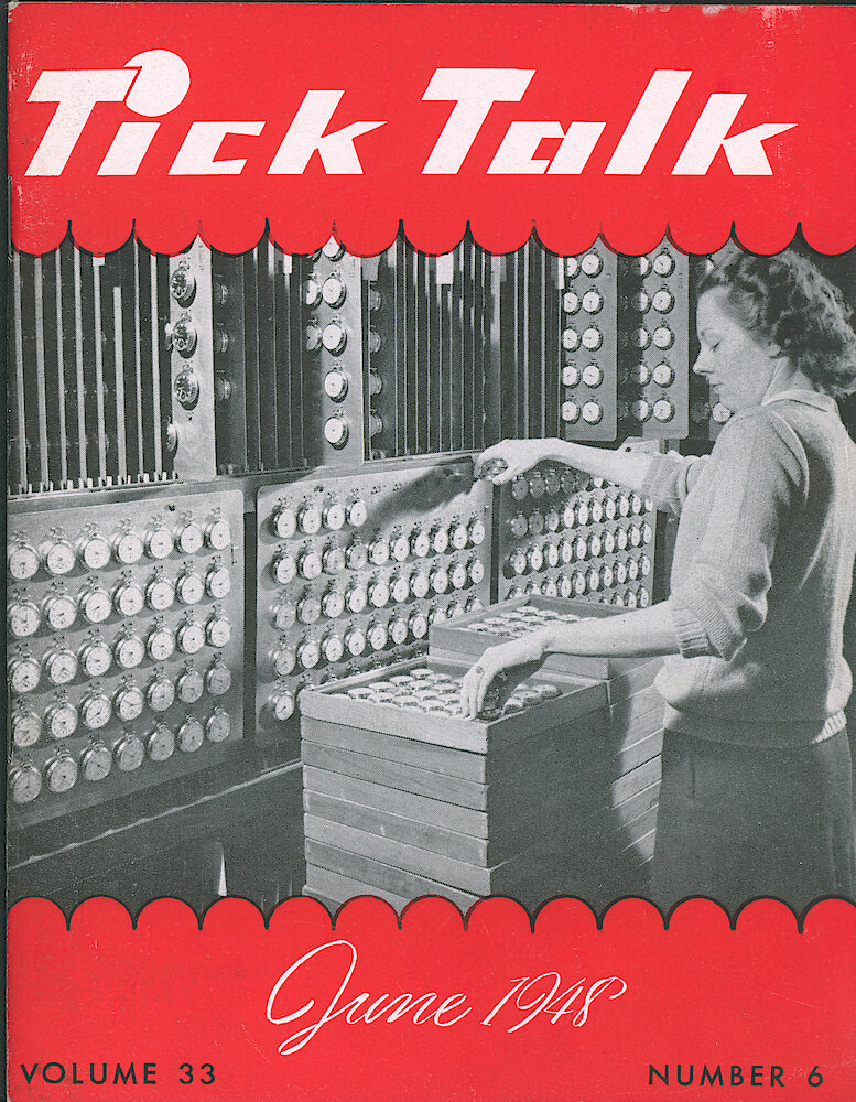 Westclox Tick Talk, June 1948, Vol. 33 No. 6 > F. Manufacturing: Ruth Smalheer Removes Pocket Watches From A Testing Rack (caption On Page 7).