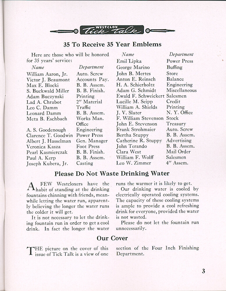 Westclox Tick Talk, July 1948, Vol. 33 No. 7 > 3. Cover Caption:  View In The Four Inch Finishing Department.