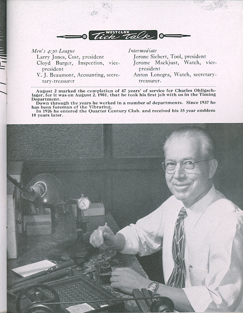 Westclox Tick Talk, July 1948, Vol. 33 No. 7 > 17. Personnel: Charles Ohligschlager, Foreman Of Vibrating Department.