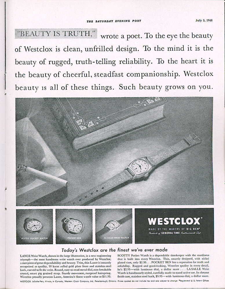 Westclox Tick Talk, July 1948, Vol. 33 No. 7 > 27. Advertisement: "&039;Beauty Is Truth," Wrote A Poet" July 3, 1948 Saturday Evening Post Ad.