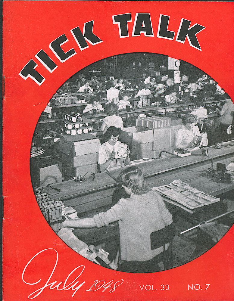 Westclox Tick Talk, July 1948, Vol. 33 No. 7 > F. Manufacturing: View In The Four Inch Finishing Department (caption On Page 3).