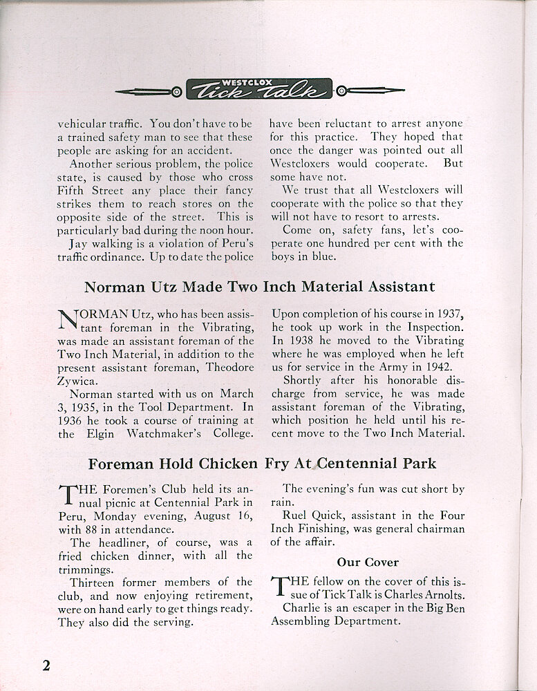 Westclox Tick Talk, August 1948, Vol. 33 No. 8 > 2. Cover Caption: Charles Arnolts Of The Big Ben Assembling Department.