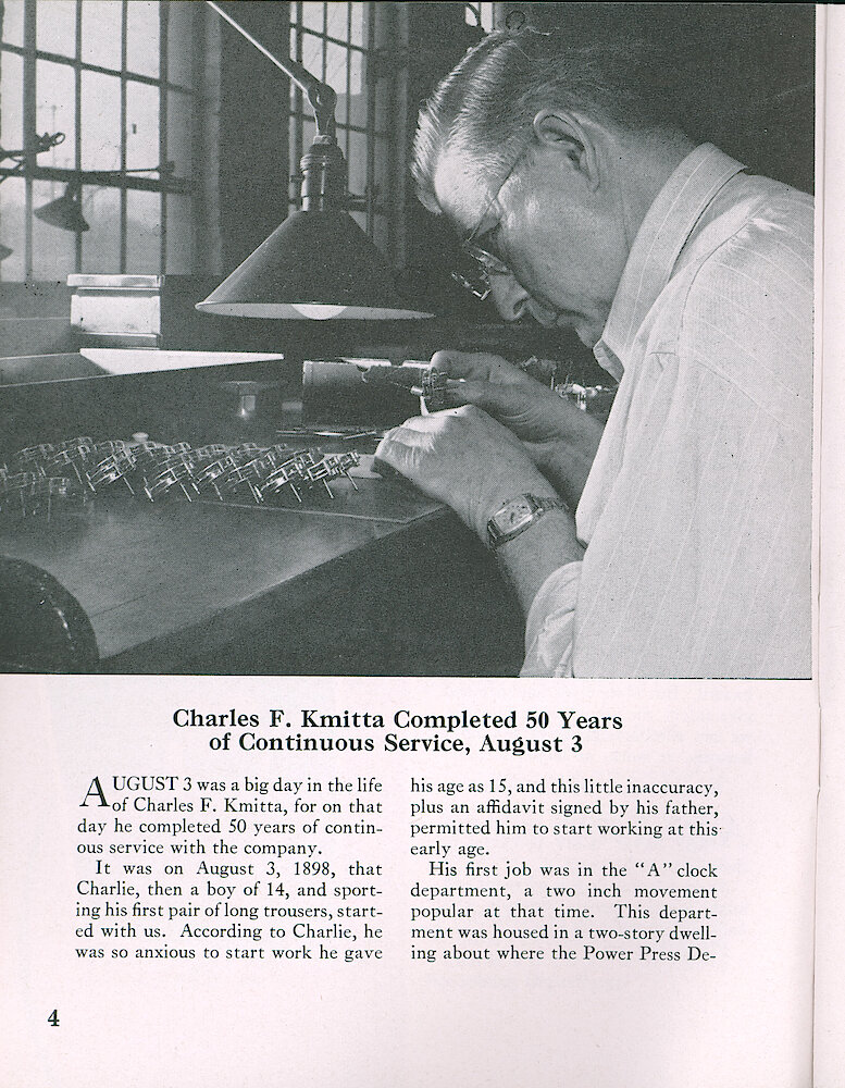 Westclox Tick Talk, August 1948, Vol. 33 No. 8 > 4. Personnel: Charles F. Kmitta. He Started At Westclox In 1898, And This Article Give Some Brief Company History.