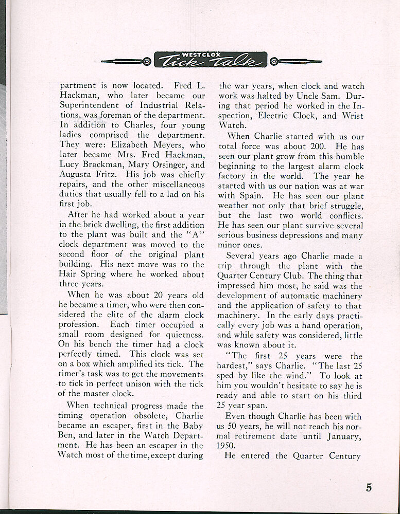 Westclox Tick Talk, August 1948, Vol. 33 No. 8 > 5. Personnel: Charles F. Kmitta. He Started At Westclox In 1898, And This Article Give Some Brief Company History.