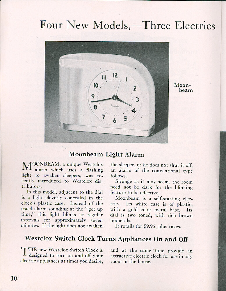 Westclox Tick Talk, August 1948, Vol. 33 No. 8 > 10. New Models: Moonbeam Flashing Light Clock, Switch Clock Appliance Timer, Ardmore Electric Time Clock, Rajah Wrist Watch.