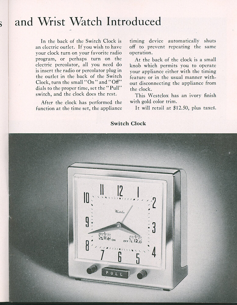 Westclox Tick Talk, August 1948, Vol. 33 No. 8 > 11. New Models: Moonbeam Flashing Light Clock, Switch Clock Appliance Timer, Ardmore Electric Time Clock, Rajah Wrist Watch.