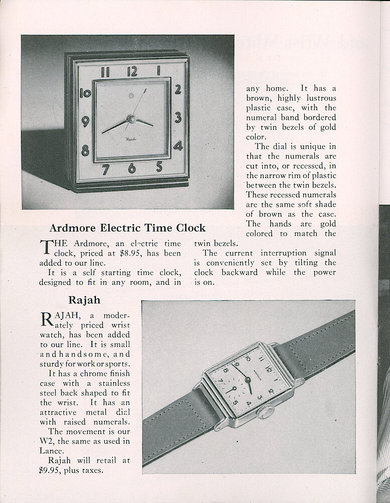 Westclox Tick Talk, August 1948, Vol. 33 No. 8 > 12. New Models: Moonbeam Flashing Light Clock, Switch Clock Appliance Timer, Ardmore Electric Time Clock, Rajah Wrist Watch.