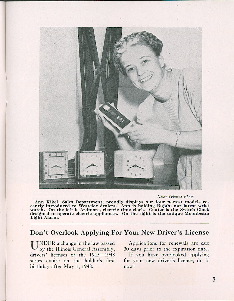 Westclox Tick Talk, September 1948, Vol. 33 No. 9 > 5. Current Models: Ann Kikel Of Sales Department Displays Our Four Newest Models: Rajah Wrist Watch, Ardmore Electric Time Clock, Switch Clock Appliance Timer, And Moonbeam Flashing Light Alarm.