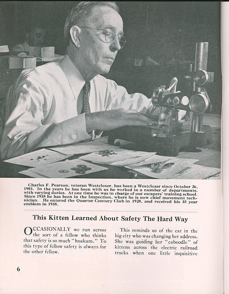 Westclox Tick Talk, September 1948, Vol. 33 No. 9 > 6. Personnel: Charles F. Pearson, Chief Movement Technician In Inspection Department.