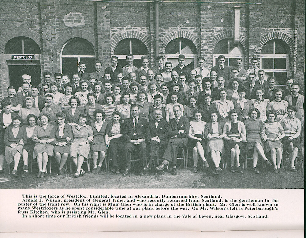 Westclox Tick Talk, September 1948, Vol. 33 No. 9 > 8. Factory: Personnel Of The Alexandria, Dunbartonshire, Scotland Westclox Factory. In A Short Time, They Will Be Located In A New Plant In The Vale Of Levin, Near Glascow, Scotland.