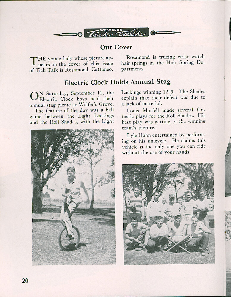 Westclox Tick Talk, September 1948, Vol. 33 No. 9 > 20. Cover Caption: Rosamond Cattaneo Is Truing Wrist Watch Hairsprings In The Hair Spring Department.