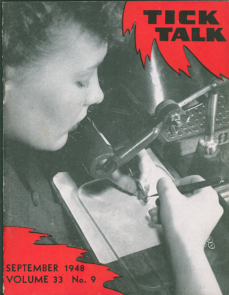 Westclox Tick Talk, September 1948, Vol. 33 No. 9 > F. Manufacturing: Rosamond Cattaneo Truing Wrist Watch Hairsprings In The Hair Spring Department (caption On Page 20).