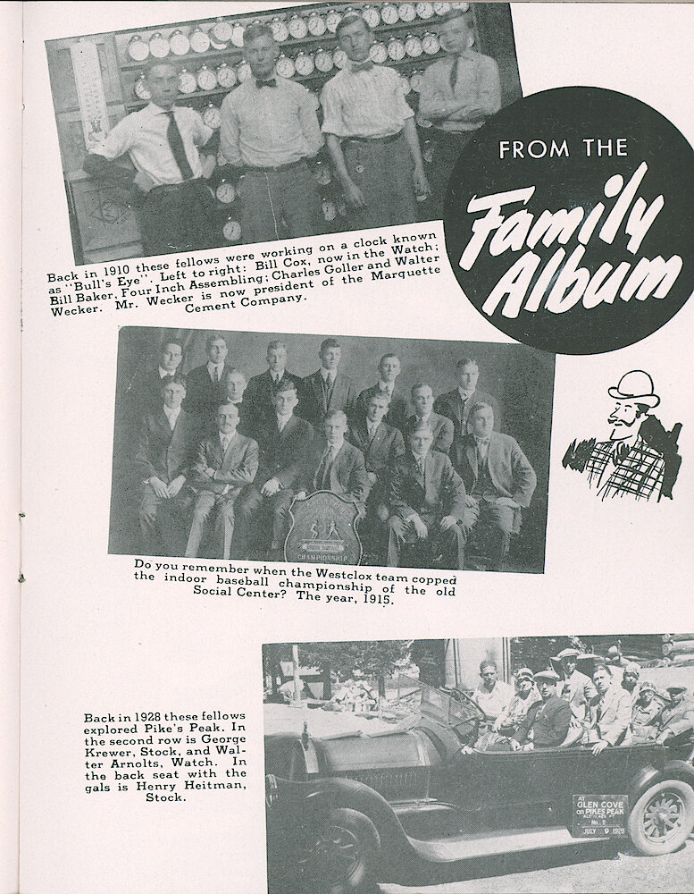 Westclox Tick Talk, October 1948, Vol. 33 No. 10 > 21. Historical Picture: From 1910, Three Men Who Worked On The Bull&039;s Eye Alarm Clock: Bill Cox, Bill Baker, Charles Goller And Walter Wecker.