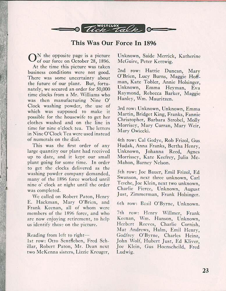 Westclox Tick Talk, October 1948, Vol. 33 No. 10 > 23. Historical Picture Caption: Westclox Workforce In 1896. It Lists Most Of The Worker&039;s Names.