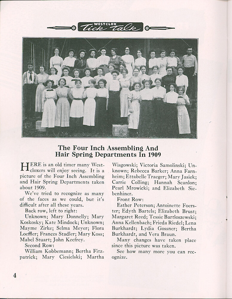 Westclox Tick Talk, November 1948, Vol. 33 No. 11 > 14. The Four Inch Assembling And Hairspring Departments In 1909. Most Of The Employees Are Named.