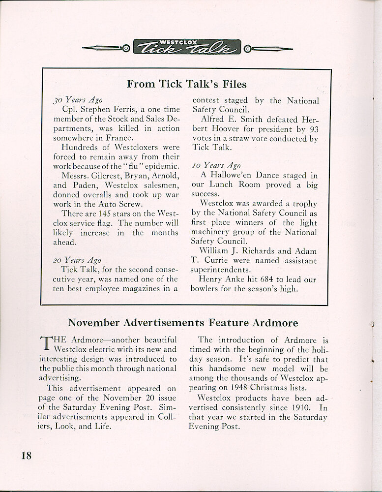 Westclox Tick Talk, November 1948, Vol. 33 No. 11 > 18. Advertisement Caption: "November Advertisements Feature Ardmore" On Page 19 Is Our November 20, 1948 Saturday Evening Post Ad.