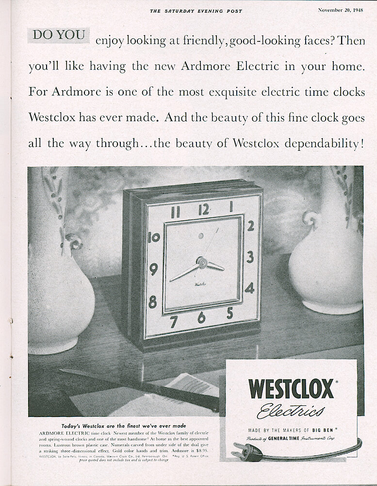 Westclox Tick Talk, November 1948, Vol. 33 No. 11 > 19. Advertisement: "Do You Enjoy Looking At Friendly, Good-looking Faces" Shows Ardmore Time-only Clock. Caption On Page 18.