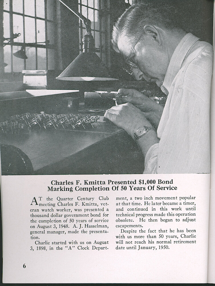 Westclox Tick Talk, December 1948, Vol. 33 No. 12 > 6. Personnel: Charles F. Kmitta Marks Completion Of 50 Years At Westclox. He Adjusts Escapements.