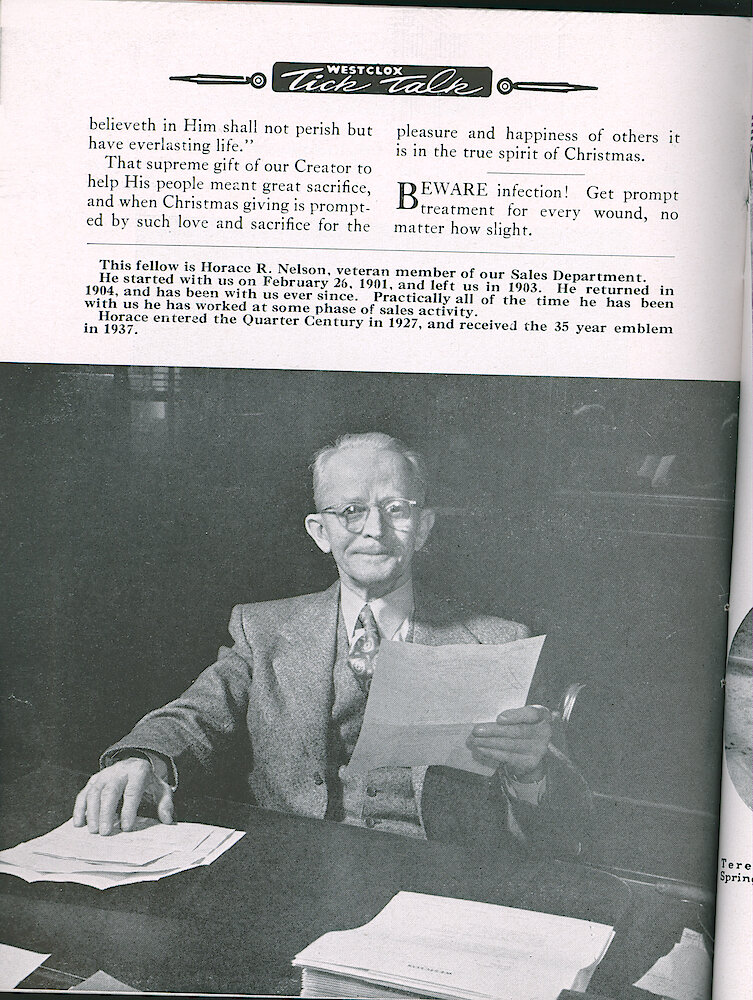 Westclox Tick Talk, December 1948, Vol. 33 No. 12 > 24. Personnel: Horace R. Nelson Of Sales Department Started With Westclox In 1901.