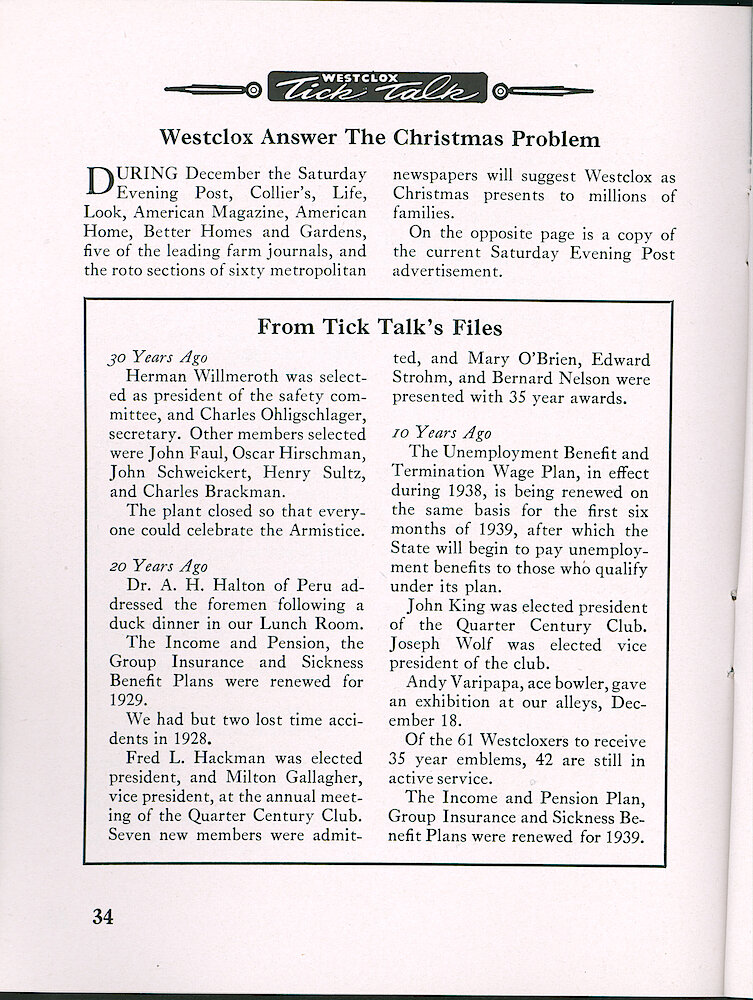 Westclox Tick Talk, December 1948, Vol. 33 No. 12 > 34. Advertisement Caption: "Westclox Answer The Christmas Problem" List The Periodicals They Advertise In. On Page 35 Is The Current Saturday Evening Post Ad.