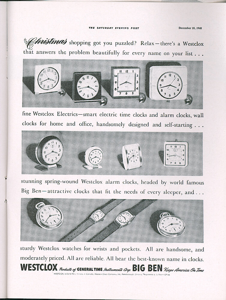 Westclox Tick Talk, December 1948, Vol. 33 No. 12 > 35. Advertisement: "Christmas Shopping Got You Troubled Relax—there&039;s A Westclox That Answers The Question Beautifully For Every Name On Your List . . ." Shows Logan Electric, Big Ben Electric, Ardmore, Big Ben, Baby Ben, Travalarm, General, Pocket Ben, Lance And La Salle Wrist Watches, ... 