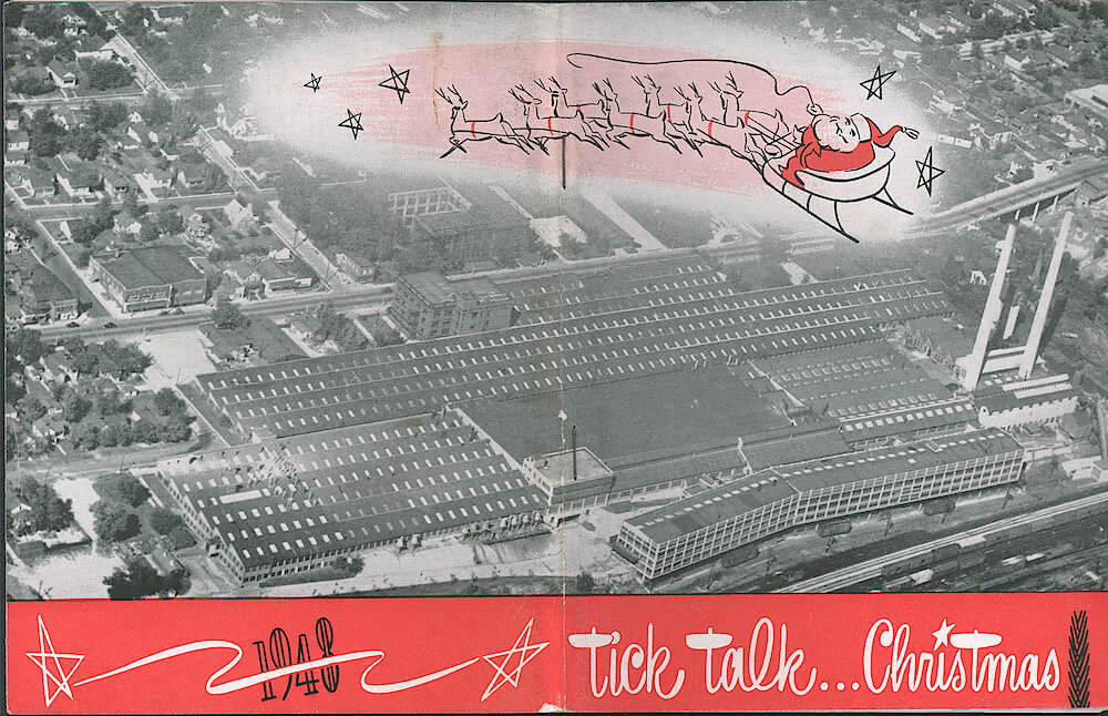 Westclox Tick Talk, December 1948, Vol. 33 No. 12 > F&B. Picture: Santa And His Sleigh Over The Westclox Factory (caption On Page 26).