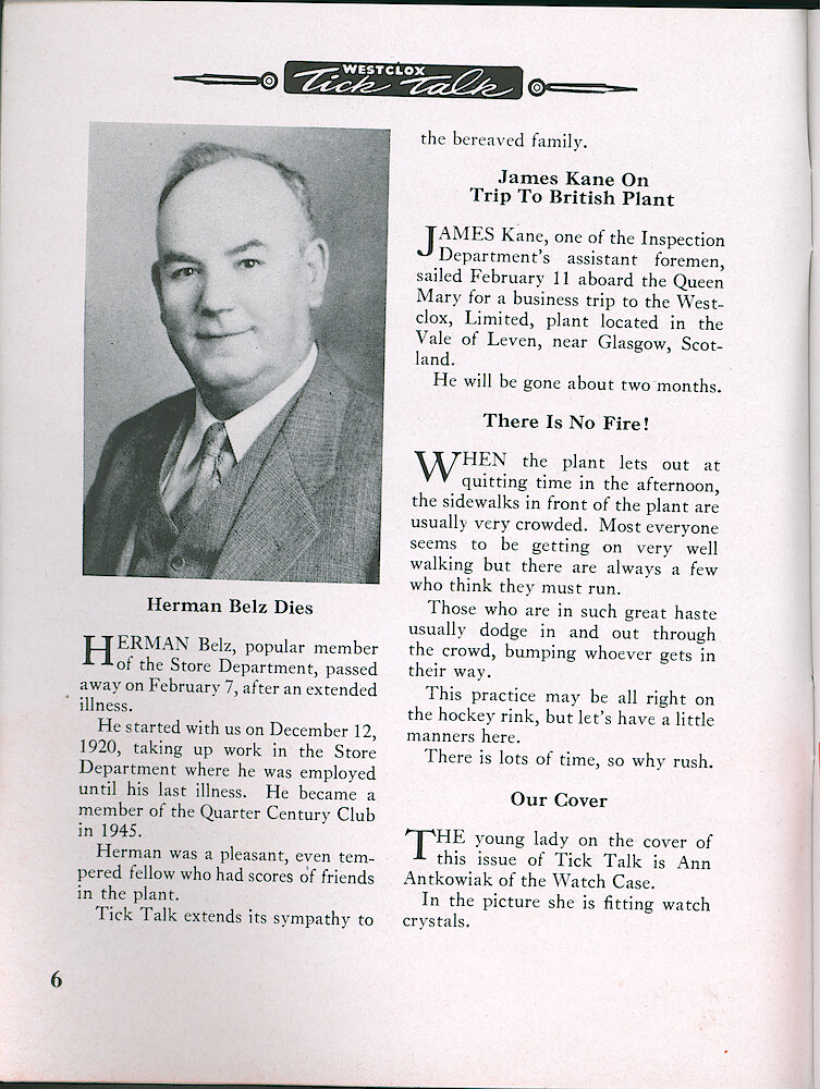 Westclox Tick Talk, February 1949, Vol. 34 No. 2 > 6. Corporate: British Plant Now Located In Vale Of Leven, Near Glascow, Scotland. COVER CAPTION: Ann Antkowiak Of The Watch Case Department Is Fitting Crystals.