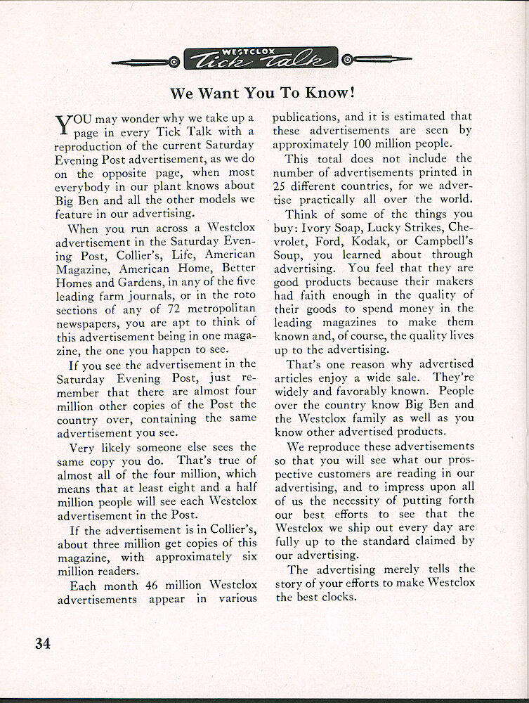 Westclox Tick Talk, February 1949, Vol. 34 No. 2 > 34. Marketing: Advertisement Caption: Why We Take Up Space Int He Tick Talk To Show You Our Ads. The Number Of Ads That People See. The Current Saturday Evening Post Ad Is On Page 35.