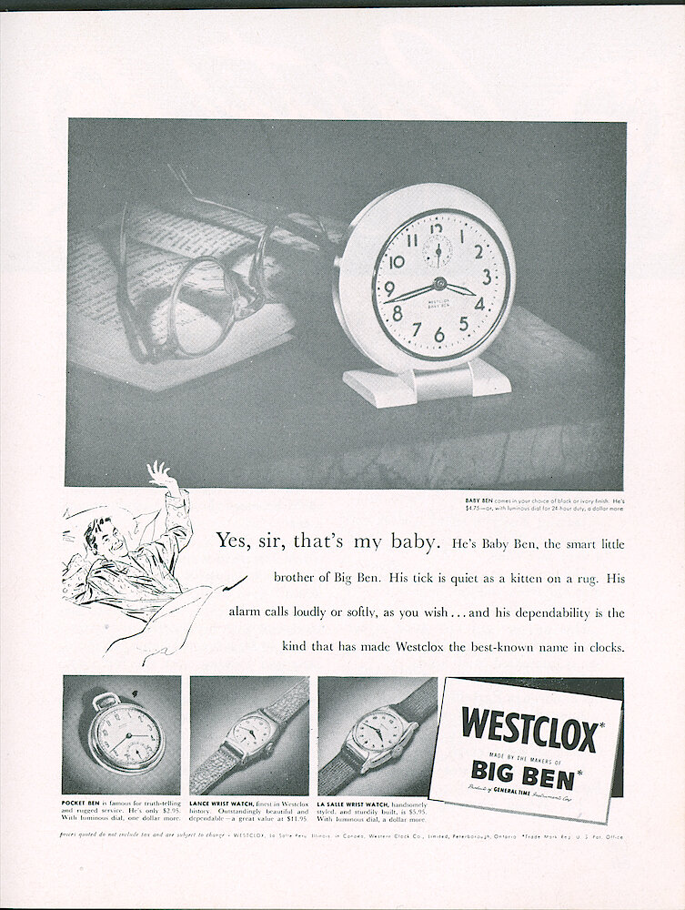 Westlox Tick Talk, March 1949, Vol. 34 No. 3 > 35. Advertisement: "Yes, Sir, That&039;s My Baby. He&039;s Baby Ben, The Smart Little Brother Of Big Ben." Our Current Saturday Evening Post Ad.