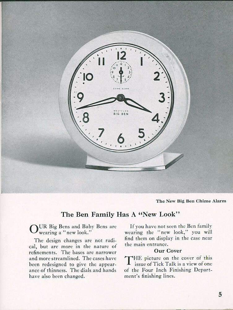 Westclox Tick Talk, April 1949, Vol. 34 No. 4 > 5. NEW MODEL: Style 6 Big Ben And Baby Ben Introduced. COVER CAPTION: One Of The Four Inch Finishing Department&039;s Finishing Lines.