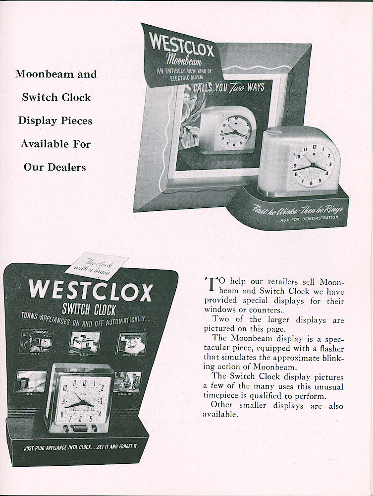 Westclox Tick Talk, April 1949, Vol. 34 No. 4 > 33. Marketing: Moonbeam And Switch Clock Display Pieces Available For Our Dealers.