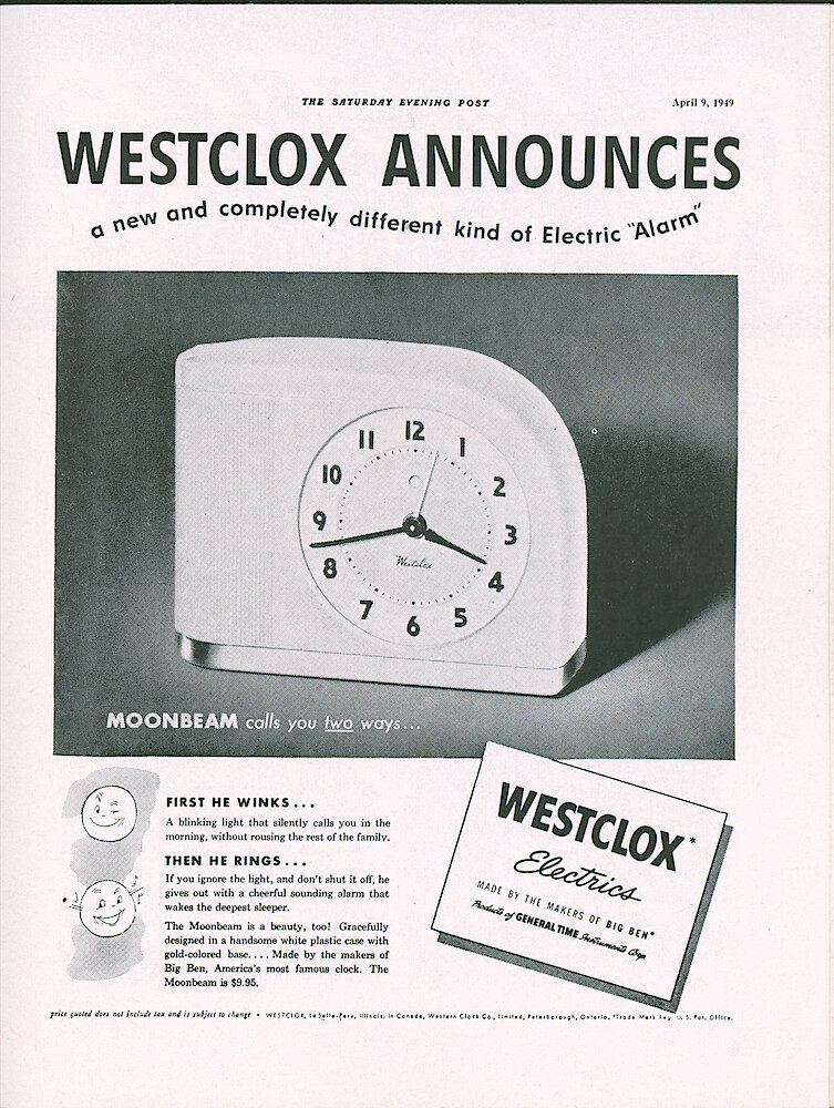 Westclox Tick Talk, April 1949, Vol. 34 No. 4 > 35. Advertisement: New Model: "Westclox Announces A New And Completely Different Kind Of Electric Alarm" Moombeam: First He Winks, Then He Rings. April 9, 1949 Saturday Evening Post Ad.