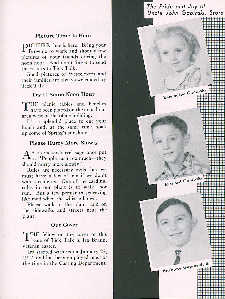 Westclox Tick Talk, May 1949, Vol. 34 No. 5 > 11. Cover Caption: Ira Braun, In The Casting Department, Started At Westclox In 1912.