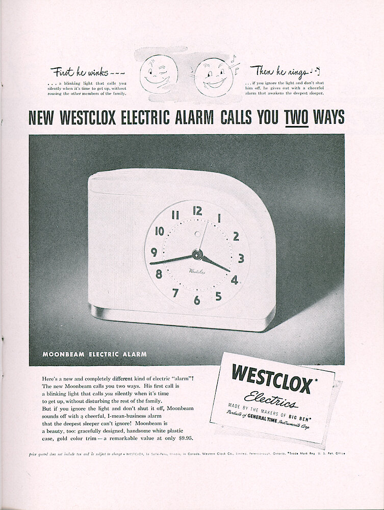 Westclox Tick Talk, May 1949, Vol. 34 No. 5 > 45. Advertisement: "New Westclox Electric Alarm Calls You Two Ways" Moonbeam Flashing Light Alarm Clock. May 21, 1949 Ad Saturday Evening Post Ad.