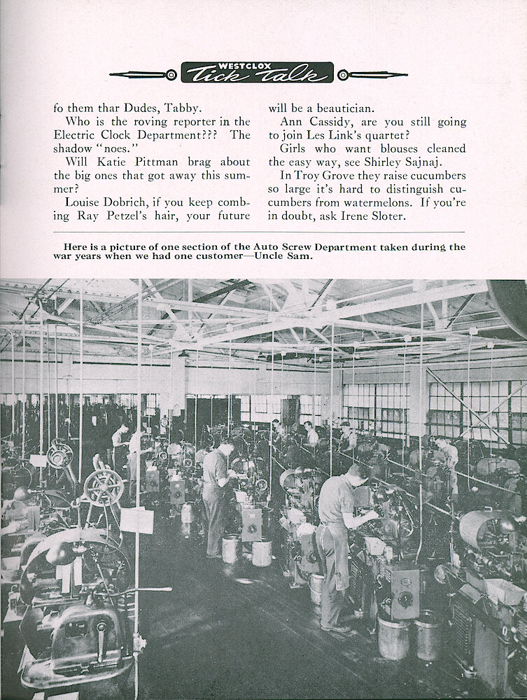 Westclox Tick Talk, May 1949, Vol. 34 No. 5 > 51. Historical Picture: Our Auto Screw Department During The War Years.