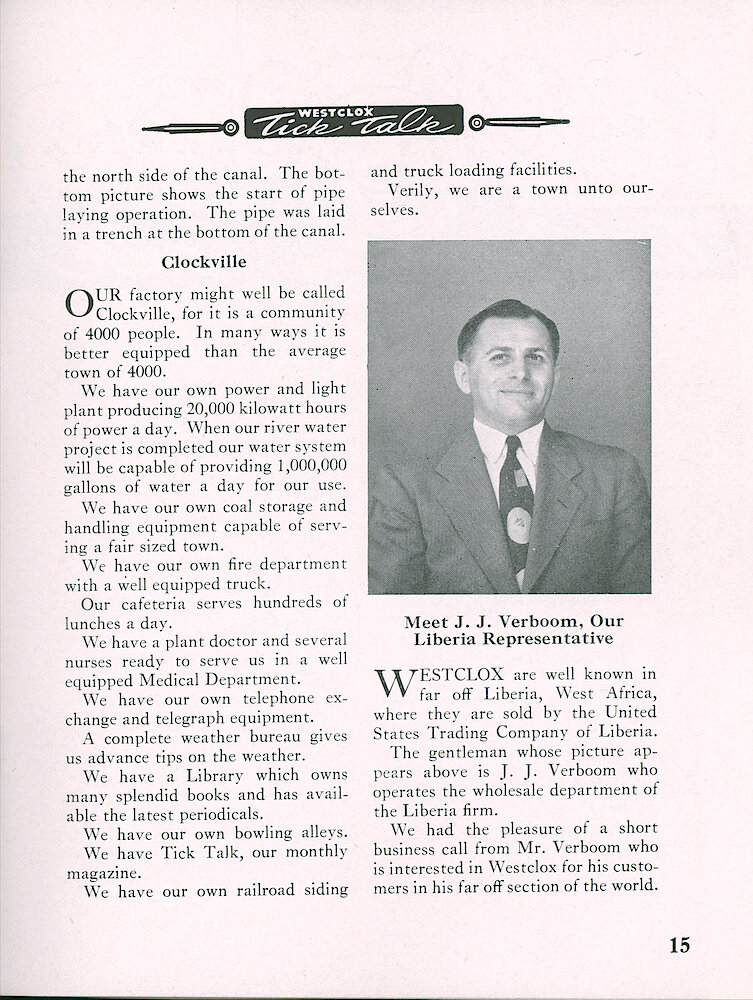 Westclox Tick Talk, June 1949, Vol. 34 No. 6 > 15. Factory: "Clockville" "Our Factory Might Well Be Called Clockville, For It Is A Community Of 4000 People. . . "